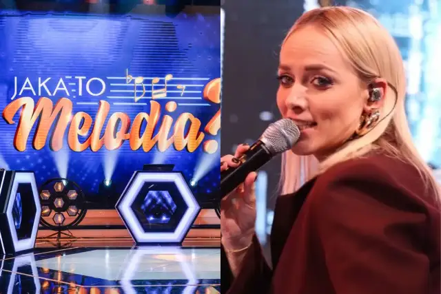 Jan Radwan śpiewa w programie "Jaka to melodia?". Na scenie widać neonowe dekoracje i logo programu.
