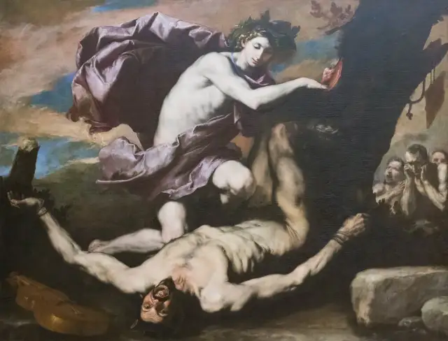Apollo, zwycięzca w muzycznym pojedynku, okrutnie karze Marsjasza, który leży przywiązany do drzewa.