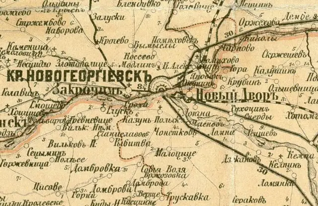 Mapa z zaznaczonymi miejscowościami, w tym Kr. Новогеоргиевскъ i Новый Дворъ. Może to być baza zaginionych dzieł sztuki.