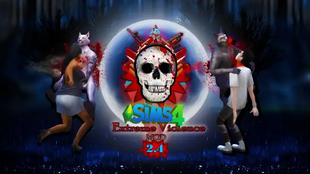 Grafika z gry The Sims 4 z motywem przemocy, czaszką i wilkołakami.