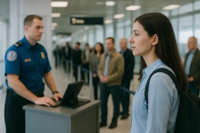 Kobieta w kolejce na lotnisku, zastanawia się, ile trwa odprawa. Strażnik przy stanowisku kontrolnym.