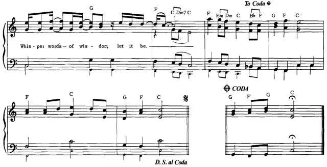 Fragment nutowy z tekstem "Whisper words of wisdom, let it be." oraz oznaczeniem "To Coda" i "CODA".