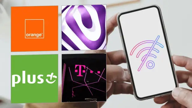 Ikony operatorów Orange, Plus i T-Mobile. Na ekranie telefonu symbol braku połączenia, sugerujący automatyczne rozłączanie połączenia.