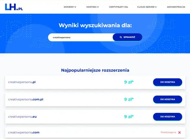 Wyniki wyszukiwania domen: creativepersons.pl, creativepersons.com.pl, creativepersons.eu, creativepersons.com.