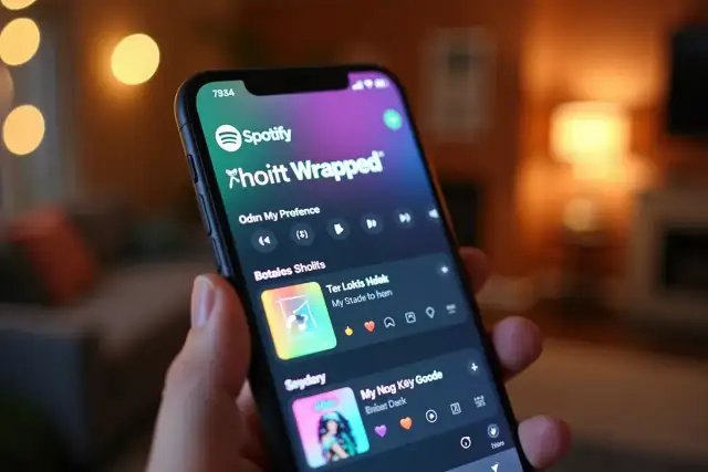 Dłoń trzyma smartfon z otwartą aplikacją Spotify Wrapped, pokazującą listę utworów.