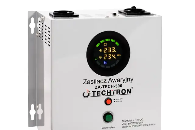 Biały zasilacz awaryjny TECHTRON ZA-TECH-500 z okrągłym wyświetlaczem pokazującym napięcie 233V i 234V. Jaki UPS, gdyby nagle zabrakło prądu!