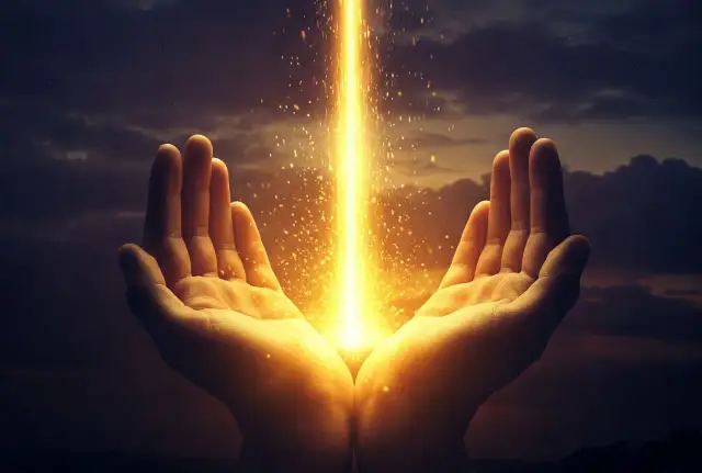 Dłonie otwarte ku niebu, przyjmujące strumień złotego światła. Symbolizuje to główne prawdy wiary, które oświecają i prowadzą.