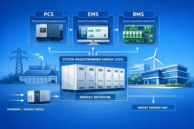 System magazynowania energii (ESS) z zasilaniem akumulatorowym to serce nowoczesnej infrastruktury, zarządzane przez PCS, EMS i BMS.