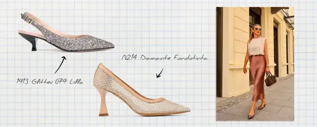 Eleganckie szpilki: srebrne z brokatem, beżowe z siateczką i kryształkami, oraz kobieta w szpilkach na ulicy.