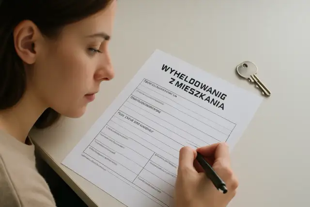 Kobieta wypełnia dokument "Wymeldowanie z mieszkania". Klucz leży obok, sugerując, czy właściciel mieszkania może kogoś wymeldować.