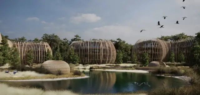 Architektoniczne budynki przypominające jaja, otoczone lasem, nad jeziorem, gdzie latają ptaki. To idealne miejsce, by poczuć się jak w rezerwacie przyrody ptasi raj.