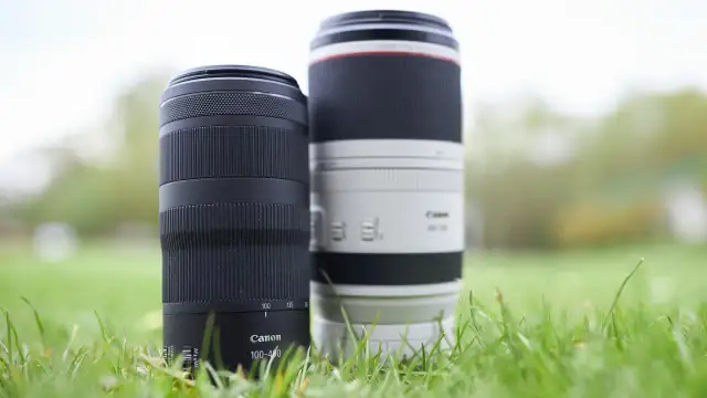 Dwa obiektywy Canon 100-400, jeden czarny, drugi biały, stoją w trawie.