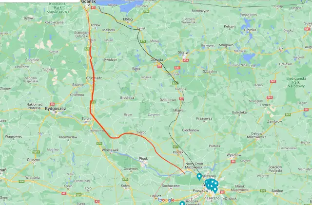 Mapa drogowa Polski z zaznaczoną trasą z Gdańska na południe.