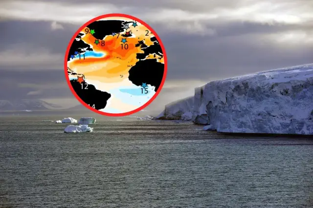 Mapa oceanów z zaznaczonymi anomaliami temperatur, sugerującymi ochłodzenie, jak podczas małej epoki lodowcowej, na tle lodowca i gór.