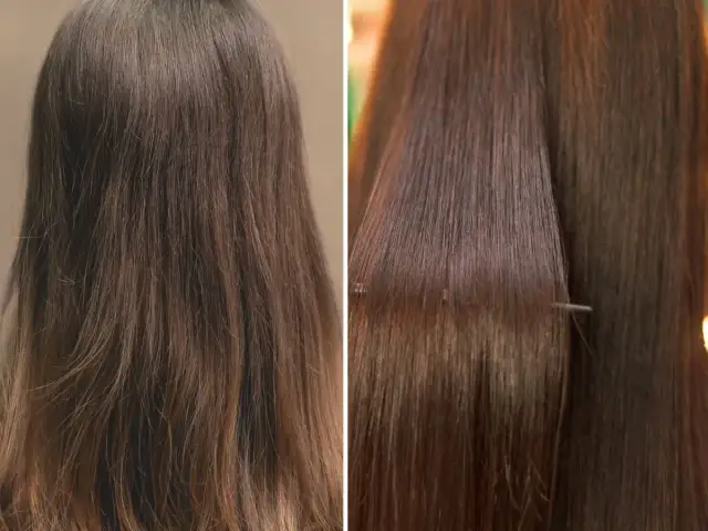 Przed i po nanoplastii: włosy po umyciu są gładkie, lśniące i zdyscyplinowane.