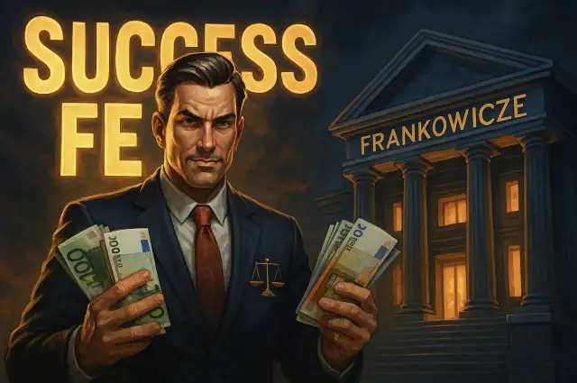 Prawnik z pieniędzmi w ręku, budynek "FRANKOWICZE" i napis "SUCCESS". Ile procent bierze prawnik od wygranej sprawy?