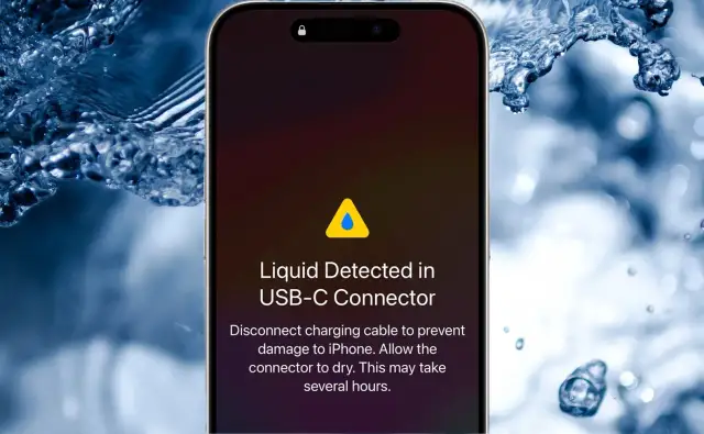 iPhone wpadł do wody, ale działa. Wyświetla komunikat o wykryciu płynu w złączu USB-C i zaleca wysuszenie.