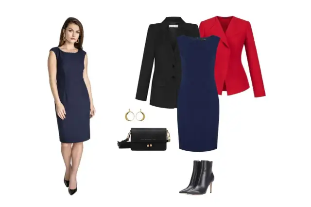 Jaka sukienka do granatowego garnituru? Elegancka granatowa sukienka, czarna i czerwona marynarka, torebka i buty.