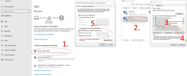 Konfiguracja sieci Wi-Fi, gdzie połączono bez internetu, z widocznymi ustawieniami protokołu TCP/IPv4 i serwerów DNS.