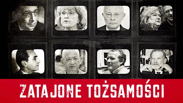 Osiem czarno-białych zdjęć osób w ramkach, pod nimi napis "ZATAJONE TOŻSAMOŚCI". Czy to historia, dlaczego znany dziennikarz zmienił nazwisko przed rozpoczęciem kariery?