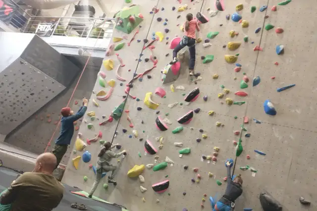Wspinaczka tradowa na ściance. Kilka osób wspina się po kolorowych chwytach, a lina asekuracyjna wisi w dół.
