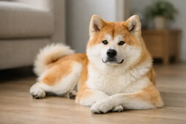 Piękna akita leży na podłodze, zastanawiając się, ile żyje akita. Jej puszysty ogon i spokojne spojrzenie budzą sympatię.