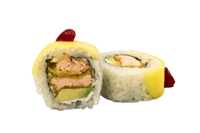 Dwa kawałki sushi z łososiem, awokado i żółtym serem, ozdobione czerwoną kropką. Jeden kawałek sushi mango jest przekrojony, ukazując wnętrze.