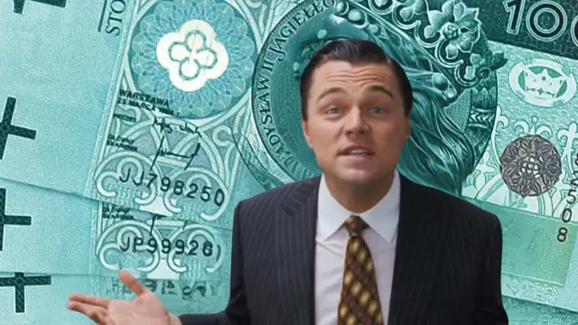 Leonardo DiCaprio w garniturze, na tle polskich banknotów 100 zł, sugeruje najbardziej opłacalne inwestycje.