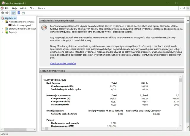 Monitor wydajności systemu Windows. Widok podsumowania systemu z danymi o dysku fizycznym, procesorze, interfejsie sieciowym i pamięci.
