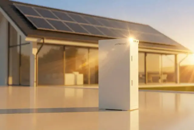 Nowoczesny magazyn energii Proton przy domu z panelami słonecznymi. Dofinansowanie do magazynu energii ułatwia inwestycję w zieloną energię.