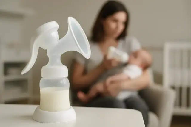 Laktator z mlekiem na pierwszym planie, w tle mama karmiąca dziecko butelką.