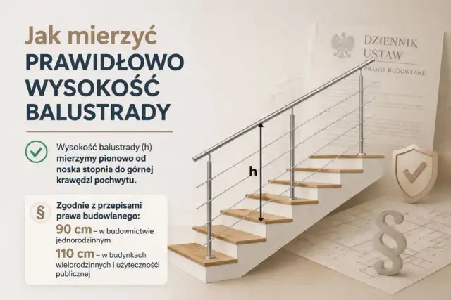 Schody z balustradą, na których zaznaczono wysokość (h) i przepisy prawa budowlanego.