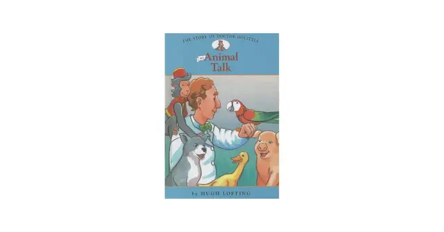 Ilustracja z książki "Doktor Dolittle" przedstawiająca doktora otoczonego przez zwierzęta: małpę, papugę, psa, kaczkę i świnkę.