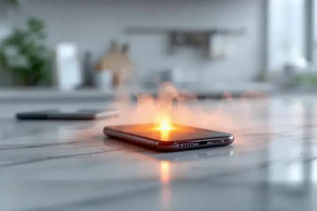 Telefon dymi i świeci na pomarańczowo, pokazując, czemu telefon się nagrzewa.