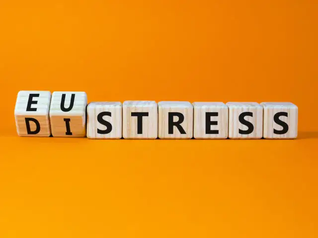 Drewniane kostki z literami tworzą słowa "Eustres" i "Dystres" na pomarańczowym tle.