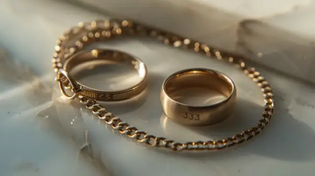 Dwa złote pierścionki, jeden z napisem "333", na łańcuszku.