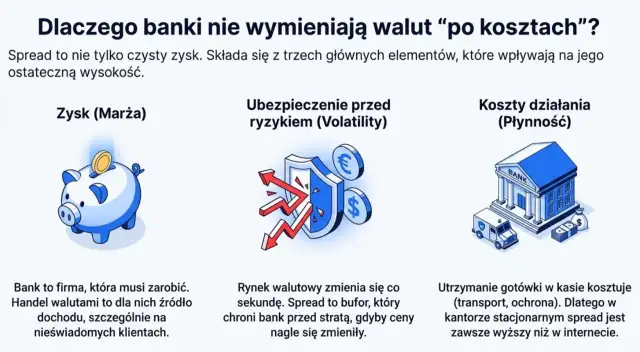 Grafika wyjaśnia, co to jest spread na giełdzie: zysk banku (skarbonka), ubezpieczenie przed ryzykiem (tarcza) i koszty działania (bank, bankowóz).