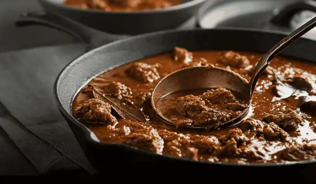 Gulasz w żeliwnej patelni, nabierany chochlą. Idealny przykład, jak zredukować sos, by był gęstszy i bardziej aromatyczny.