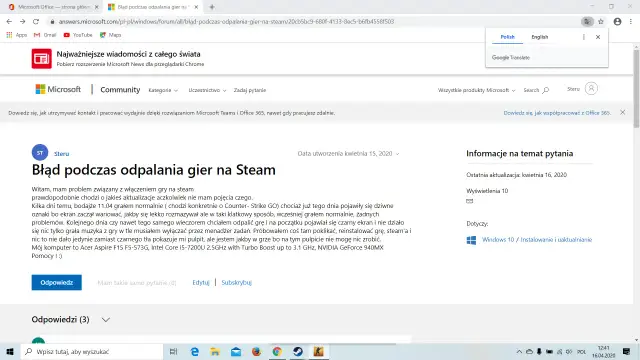 Zrzut ekranu z artykułu o błędach uruchamiania gier na Steam.
