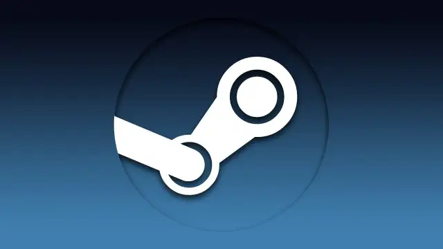 Białe logo Steam na niebieskim tle.