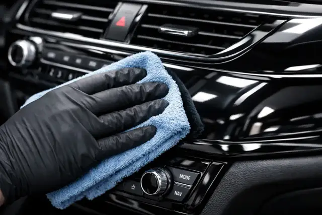 Rękawiczka i ściereczka z mikrofibry czyszczą błyszczące piano black we wnętrzu samochodu.