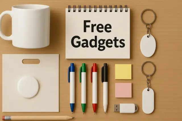 Darmowe gadżety, jakimi reklamują się firmy: kubek, torba, długopisy, pendrive, breloki, notatnik z napisem "Free Gadgets" i ołówek.
