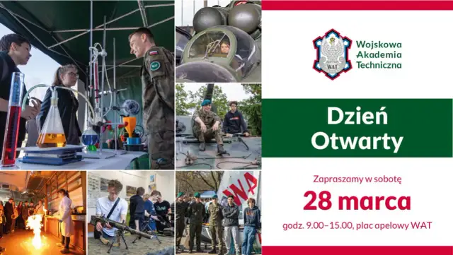 Kolaż zdjęć z Dnia Otwartego WAT: studenci, wojskowi, sprzęt, eksperymenty.