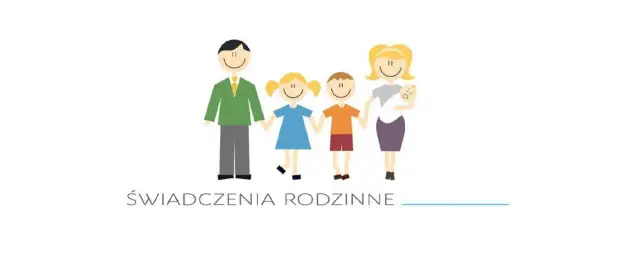 Ilustracja rodziny z dziećmi i niemowlęciem, z napisem "ŚWIADCZENIA RODZINNE".