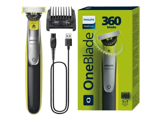 Golarka Philips OneBlade z akcesoriami i opakowaniem.