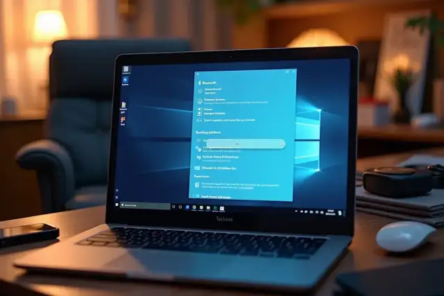 Laptop z otwartym menu Bluetooth w systemie Windows 10.