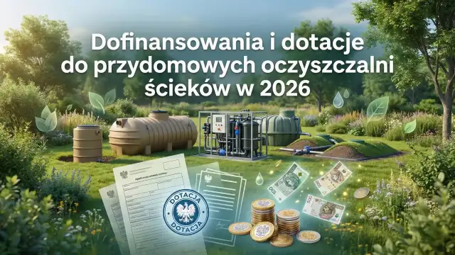 Jak uzyskać dofinansowanie do przydomowej oczyszczalni ścieków w 2026? Obraz przedstawia elementy oczyszczalni, dokumenty i pieniądze.