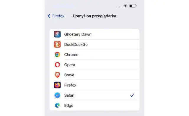 Ekran telefonu pokazuje, jak zmienić przeglądarkę w telefonie. Wybierz preferowaną przeglądarkę z listy: Ghostery, DuckDuckGo, Chrome, Opera, Brave, Firefox, Safari, Edge.