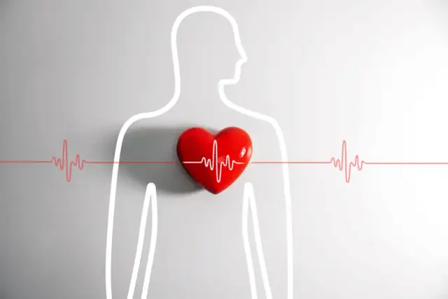 Czerwone serce z linią EKG symbolizuje kołatanie serca. Sylwetka człowieka i linie EKG podkreślają jego znaczenie.