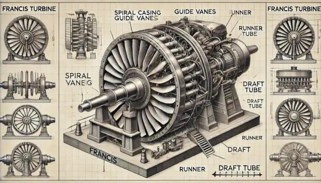 Ilustracja techniczna turbiny wodnej Francisa z widocznymi elementami: wirnik, łopatki kierownicze, obudowa spiralna, rura ssąca.